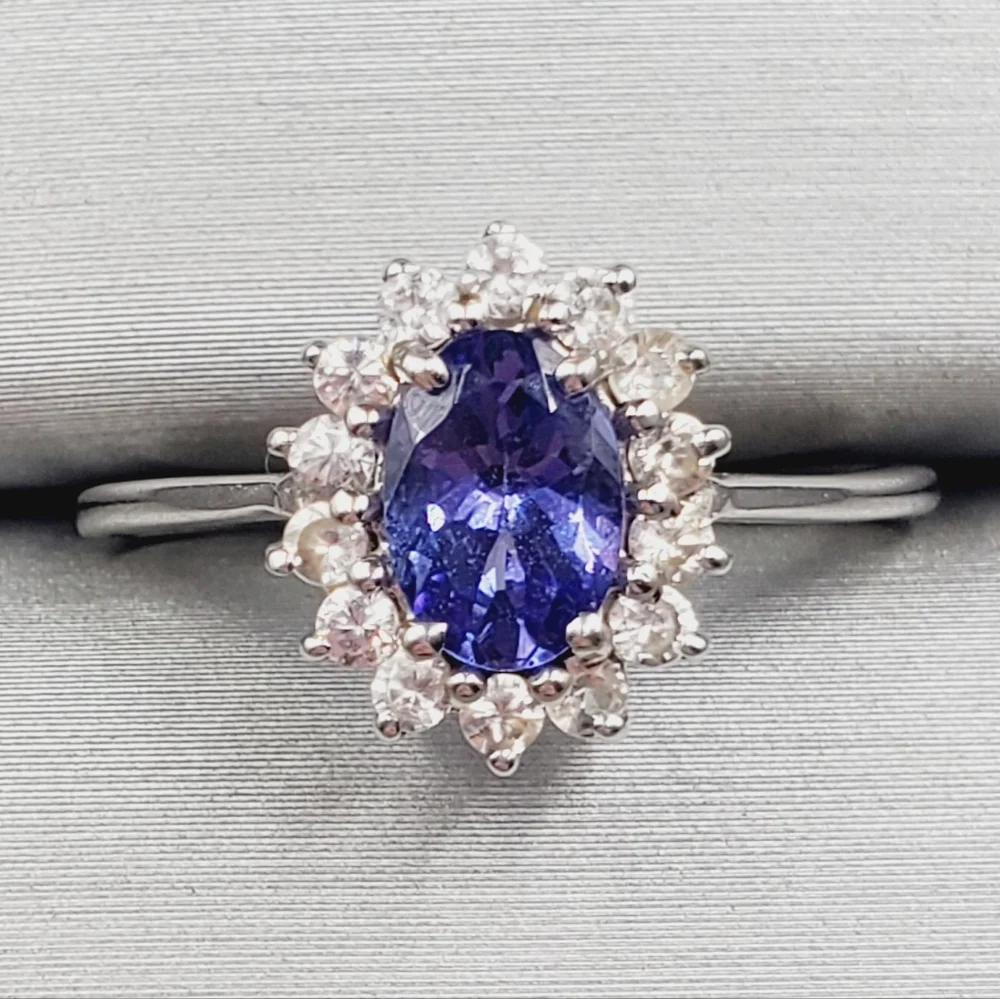 10k Solid White Gold Oval Tanzanite & Round White Topaz Halo Ring